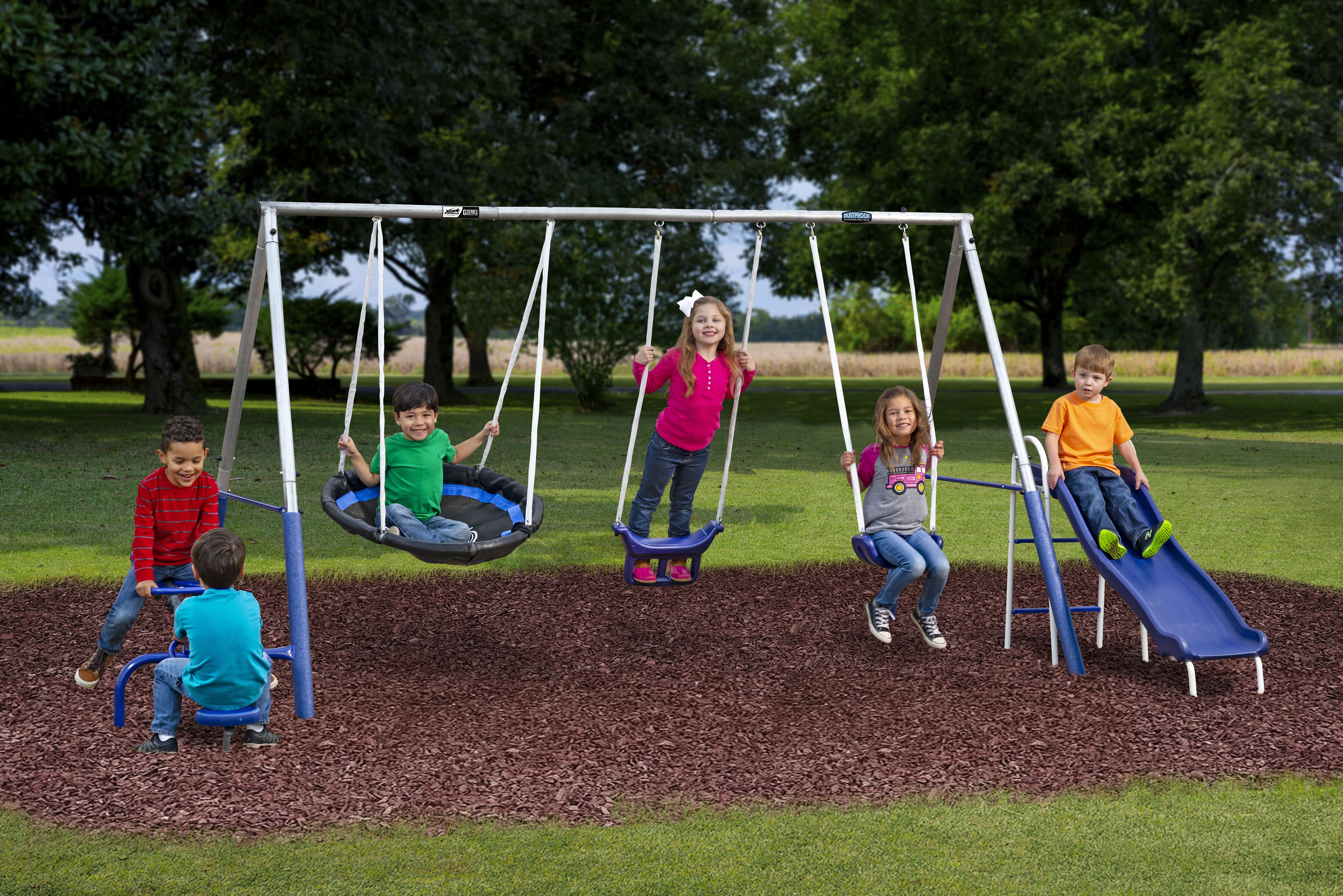 Free N' Swing Swing Set, Gray, Galvanized Steel, 5 Play Stations